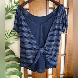 Athleta Mesh Striped Navy Blue Twist-back Top